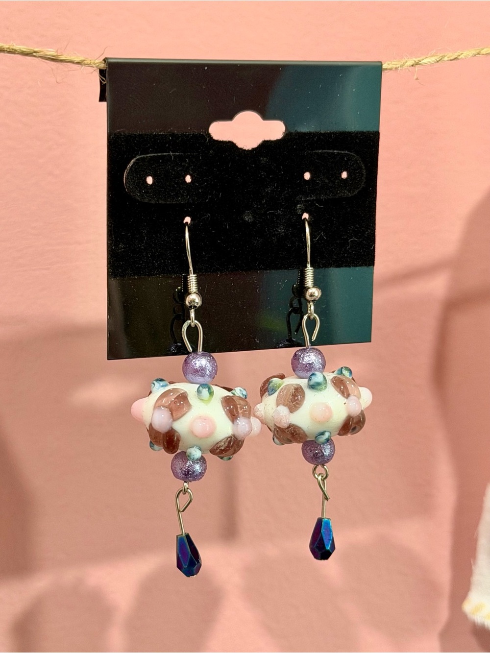 Handmade Pink and Purple Murano Glass Bead Dangle Earrings